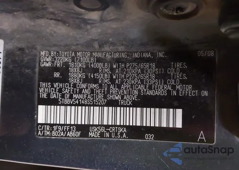 2008 Toyota Tundra Sr5 5.7L V8 from USA, damaged, VIN 5TBBV54148S515207